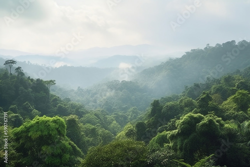 Aerial view of misty rainforest on a sunny day with towering trees