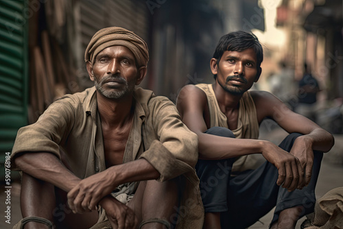 Poor workers where man sitting on the street with another poor man both arab or indian  Generative AI