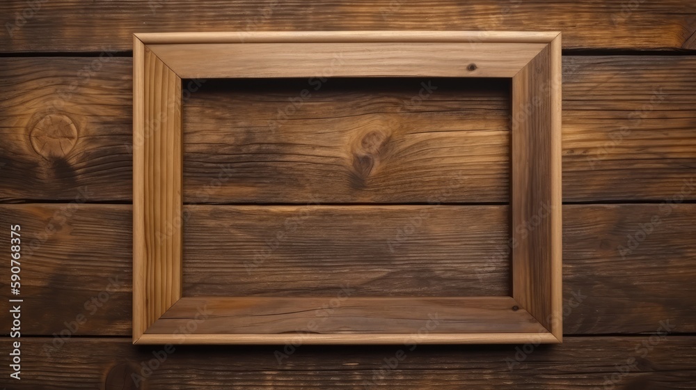 Rustic wooden picture frame mockup with a sepia-toned photograph on a natural wood background created with generative AI technology