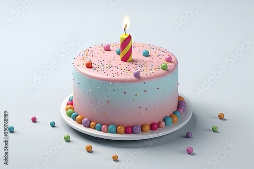 Birthday cake with candle colorful 3d render on isolated background. Delicious party dessert with cream