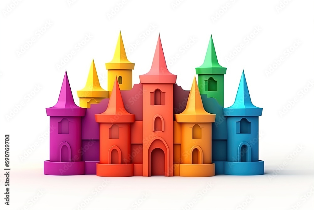 Cute colorful 3d castle render on isolated background.