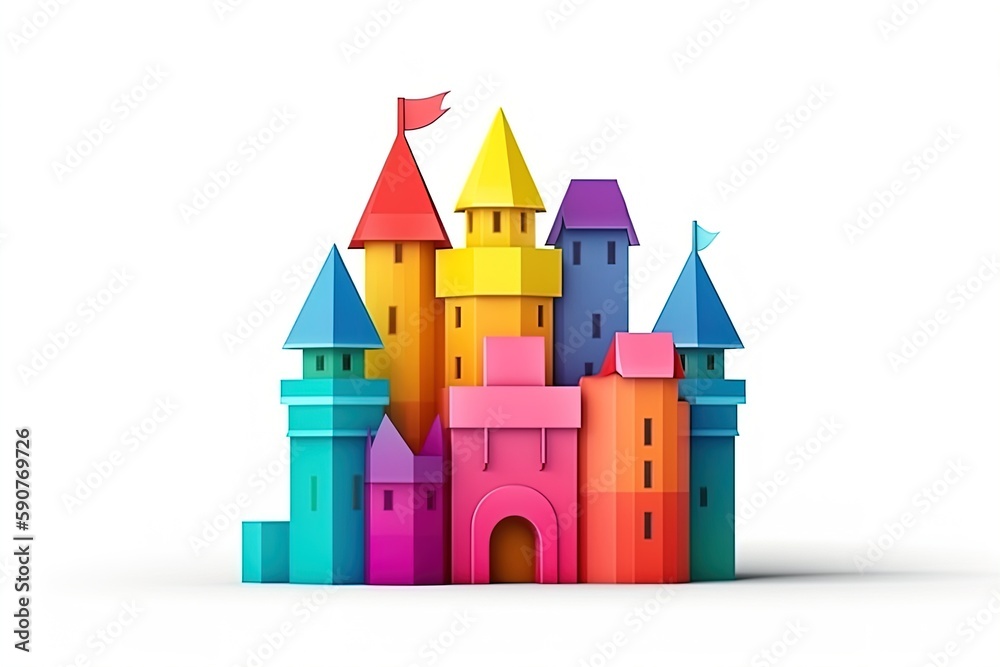 Cute colorful 3d castle render on isolated background.