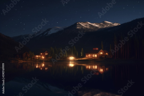 Reflections of the Night Sky: A View of a Mountain Lake and Illuminated Village © artefacti