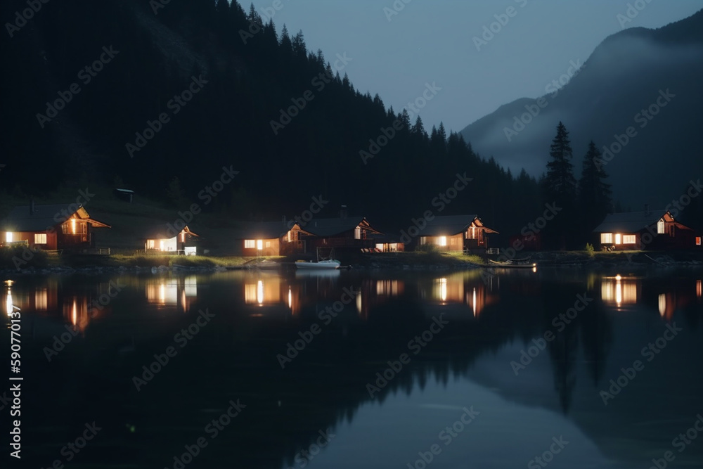 Reflections of the Night Sky: A View of a Mountain Lake and Illuminated Village