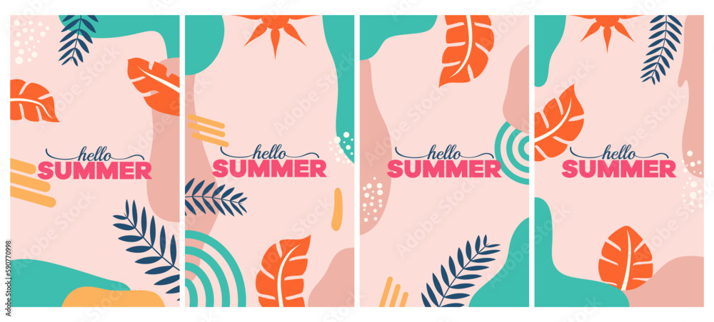 Vector set of abstract backgrounds with copy space for text - bright vibrant banners, posters, cover design templates, social media stories wallpapers with tropical leaves and plants
