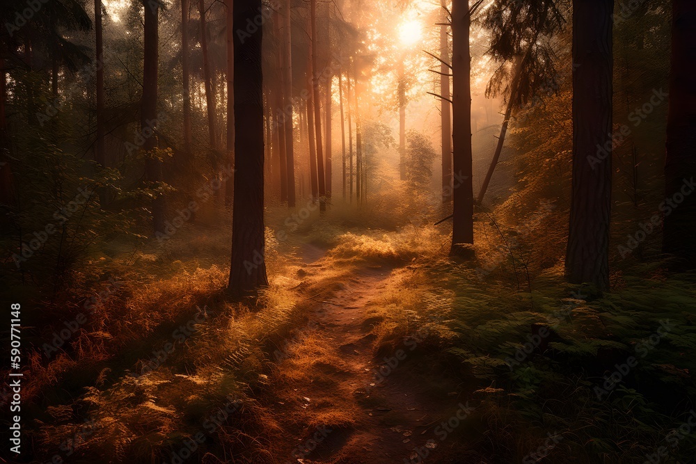 Fototapeta premium forest at sunset, with warm, golden tones and rays of light filtering through the trees. generative ai.