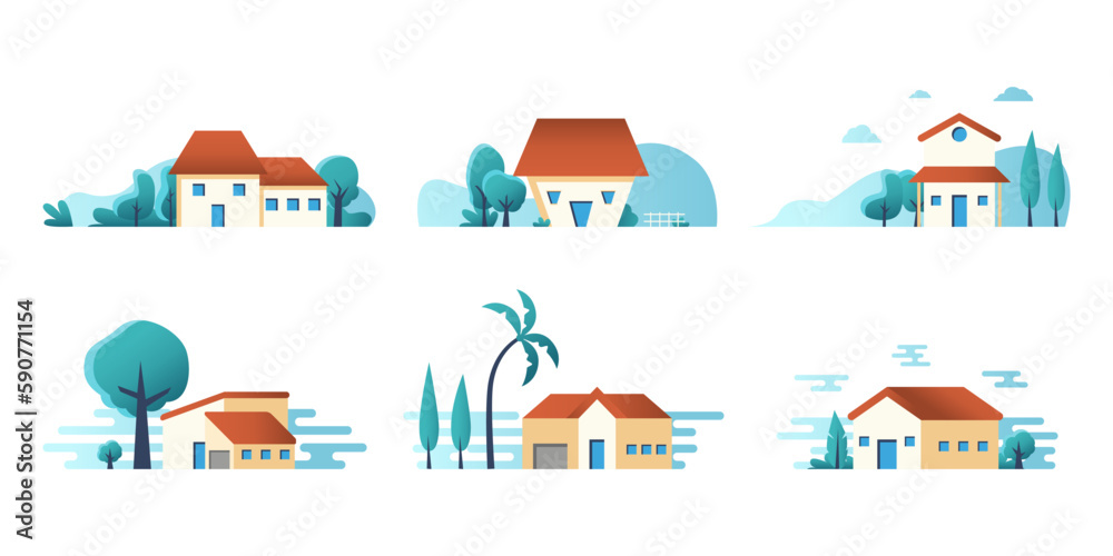 Set of Traditional and modern house. Countryside Family home landscape view. Vector illustration