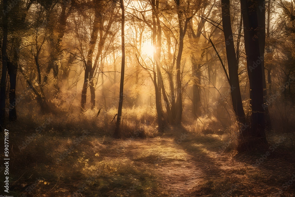 Obraz premium forest at sunset, with warm, golden tones and rays of light filtering through the trees. generative ai.