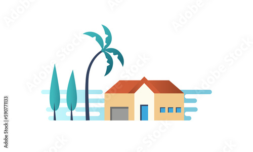 Traditional and modern house. Countryside Family home landscape view. Vector illustration