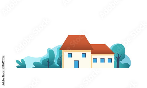 Traditional and modern house. Countryside Family home landscape view. Vector illustration