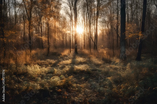 forest at sunset  with warm  golden tones and rays of light filtering through the trees. generative ai.