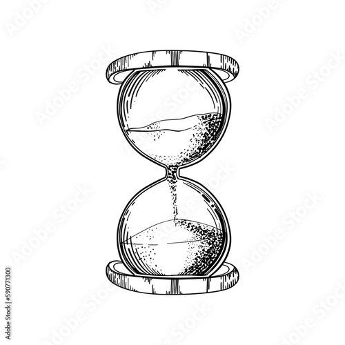 Hourglass. Black and white hand drawn sketch vector illustration isolated on white background, Sand watch glass engraving vector illustration. photo