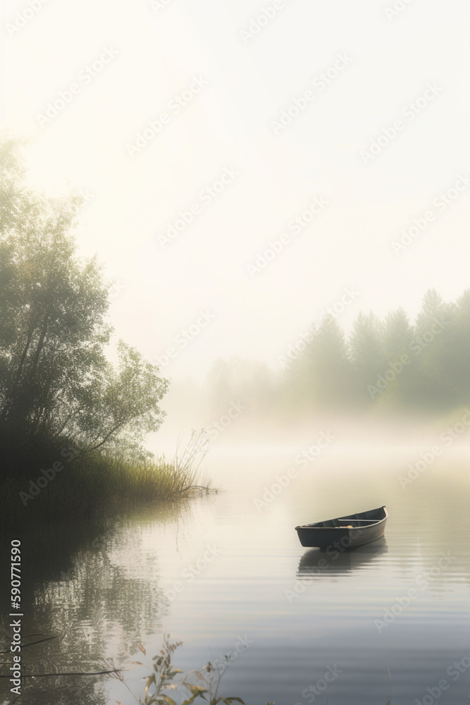 Serene Solitude: A Lone Rowboat on a Misty Morning Lake