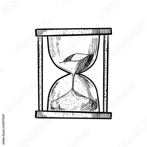 Hourglass. Black and white hand drawn sketch vector illustration isolated on white background, Sand watch glass engraving vector illustration.