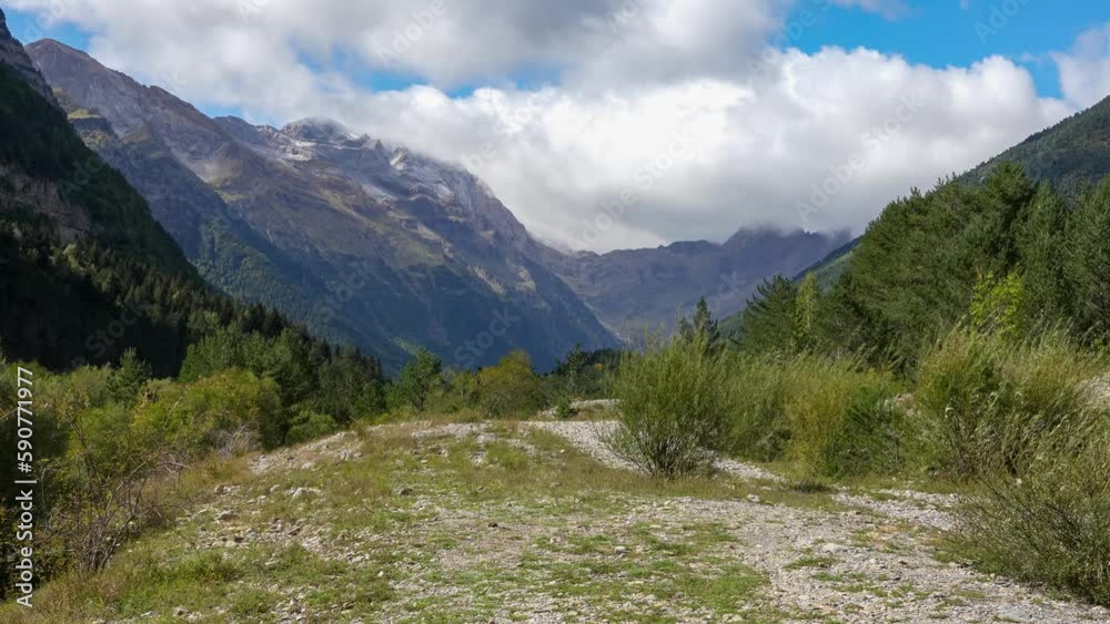 Glacial forest lined valley with a cloud-topped massive mountainous amphitheatre Glacial forest lined valley with a cloud-topped massive mountainous amphitheatre