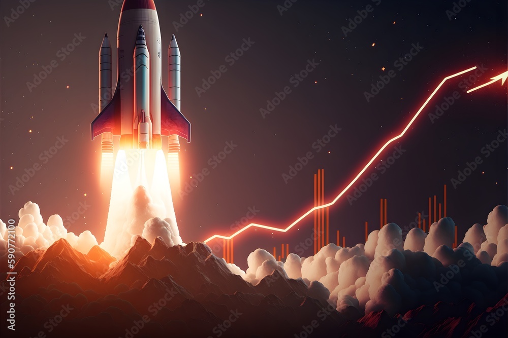 Stock chart showing a graph going up with a rocket ship infront of the ...