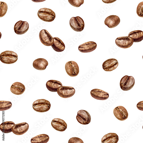 Hand-painted Watercolor Coffee Bean Seamless Pattern.