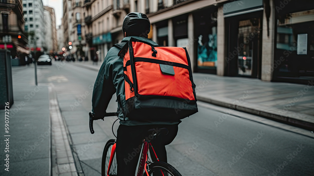 Obraz premium Delivery person on a bicycle with a large red insulated backpack in the city.