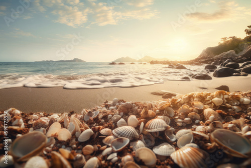 A bunch of seashells on a beach creates an ideal natural landscape for conservation and preservation. The beauty of the shells adds to the coastal scenery. AI Generative © sorapop