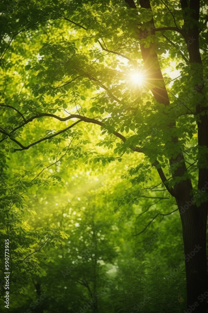 Sun-kissed Canopy: A view of lush green treetops with sun rays piercing through the leaves Sun-kissed Canopy: A view of lush green treetops with sun rays piercing through the leaves