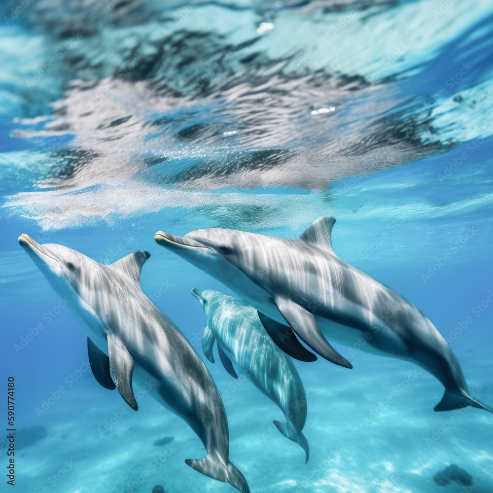 Fototapeta premium dolphins swimming in the caribbean sea in summer with clear waters