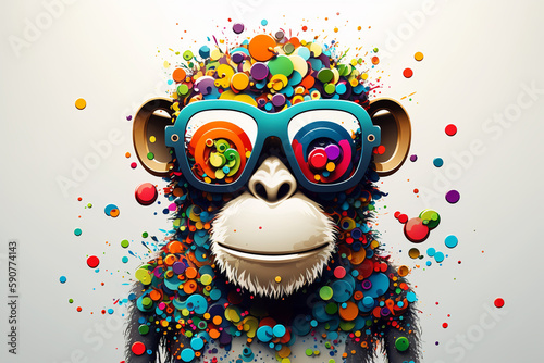Cartoon colorful monkey with sunglasses on white background, Created with generative AI photo