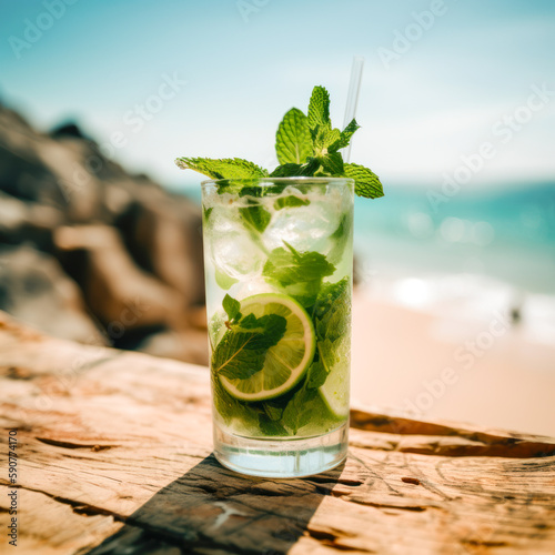 mojito on the caribbean beach in the summer on a sunny day generative ai 