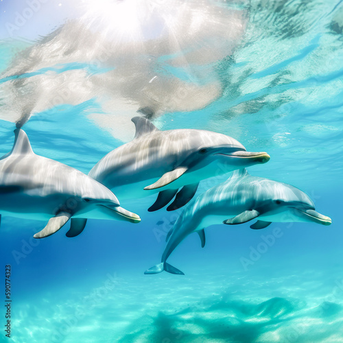 group of dolphins in the crystal clear water of the caribbean sea in the summer