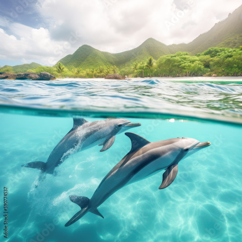 group of dolphins in the crystal clear water of the caribbean sea in the summer generative ai