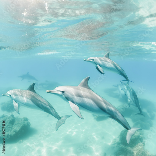group of dolphins in the crystal clear water of the caribbean sea in the summer generative ai © jechm
