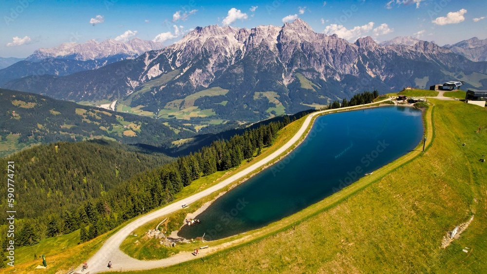 Fototapeta premium Aerial view of a lake in mountains
