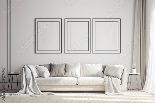 white sofa in a room Blank picture frame mockup on a white wall. Modern living room design. View of modern Scandinavian-style interior with sofa, Generative AI 