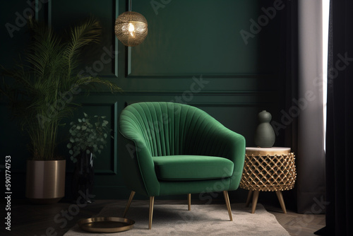 Bright and cozy modern living room interior with green armchair and decoration room on empty dark green wall background, Generative AI 