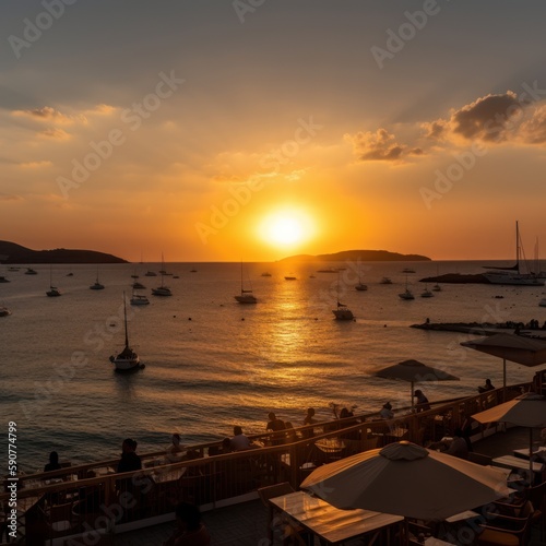 sunset in Ibiza from the sea cafe. Vacation concept 