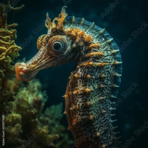 seahorse on the bottom of a coral reef in a tropical sea © jechm