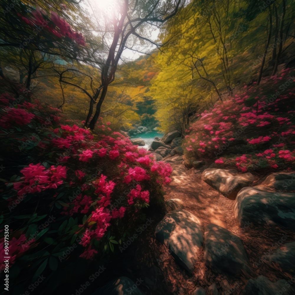 landscape of the flowering forest in spring with the vivid colors of the flowers generative ai landscape of the flowering forest in spring with the vivid colors of the flowers generative ai