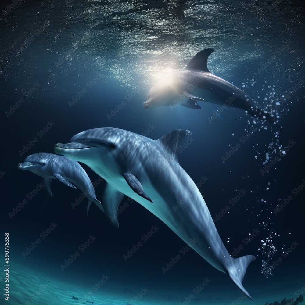 Naklejka premium dolphin swimming in the ocean by the light of the full moon 