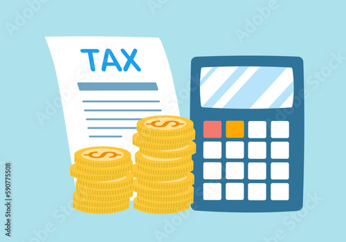 Tax payment calculation concept. Document, calculator and dollar coins in flat design. Tax time.