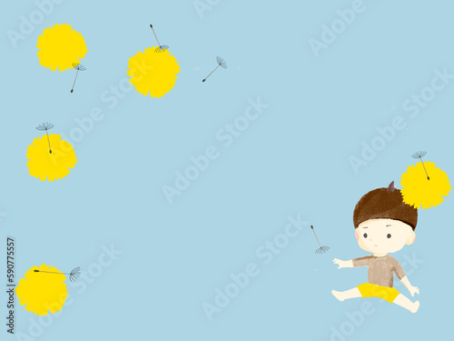 たんぽぽの花や綿毛と遊ぶ小さな男の子 © onpunotane