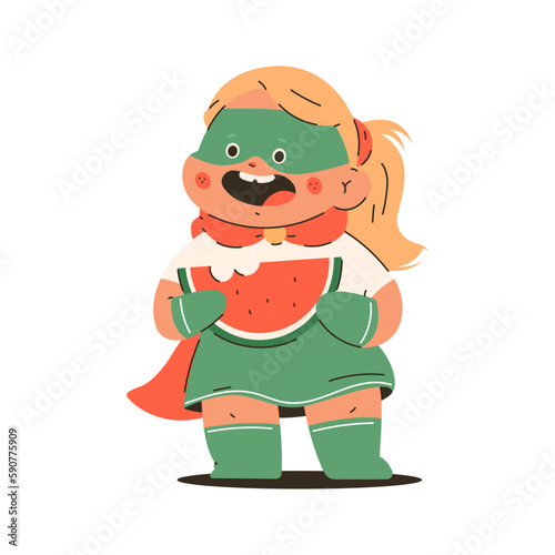 Cute girl in superhero costume eat watermelon vector cartoon kid character isolated on a white background.