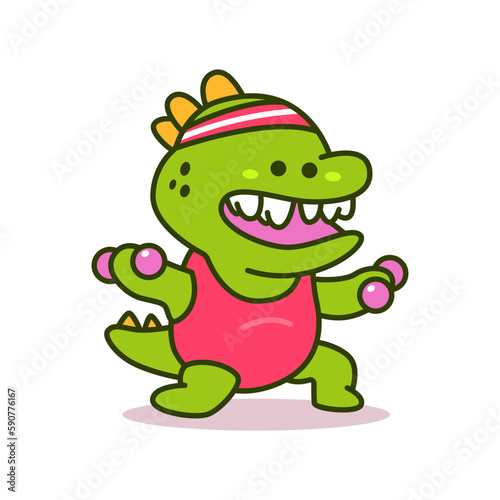 Cute dinosaur doing exercise with dumbbell vector cartoon character isolated on a white background.