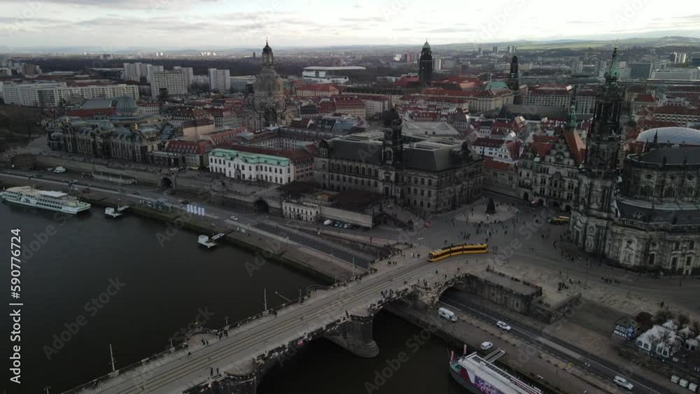 Dresden Downtown City fly over along the Elbe River Dresden Downtown City fly over along the Elbe River