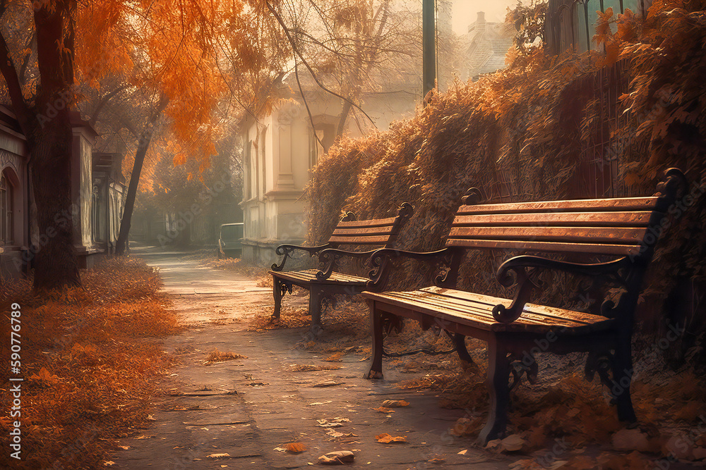 Benches in a park in autumn. Created with Generative AI technology.