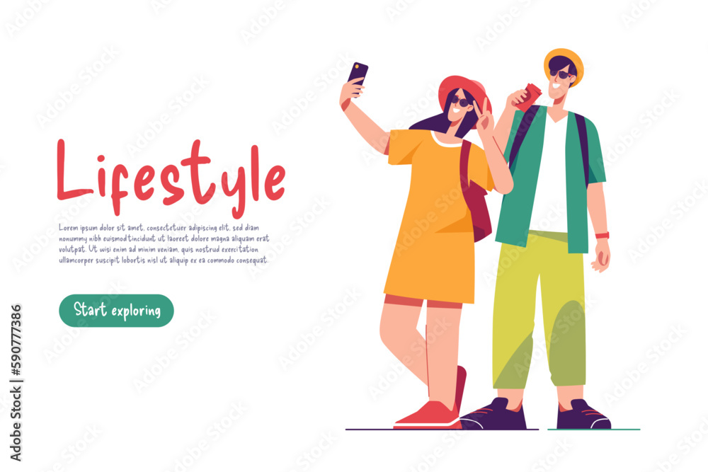 Vector illustration of a couple of tourists travelers with backpacks taking selfie Vector illustration of a couple of tourists travelers with backpacks taking selfie