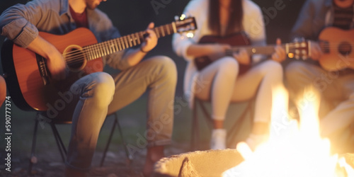 Campfire Jam Session: Friends Playing Guitar and Singing by the Fire