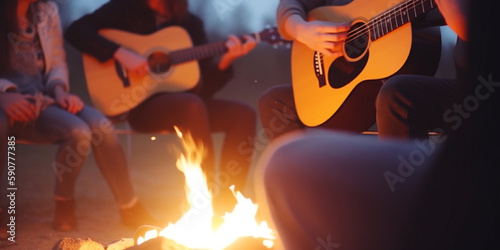 Campfire Jam Session: Friends Playing Guitar and Singing by the Fire