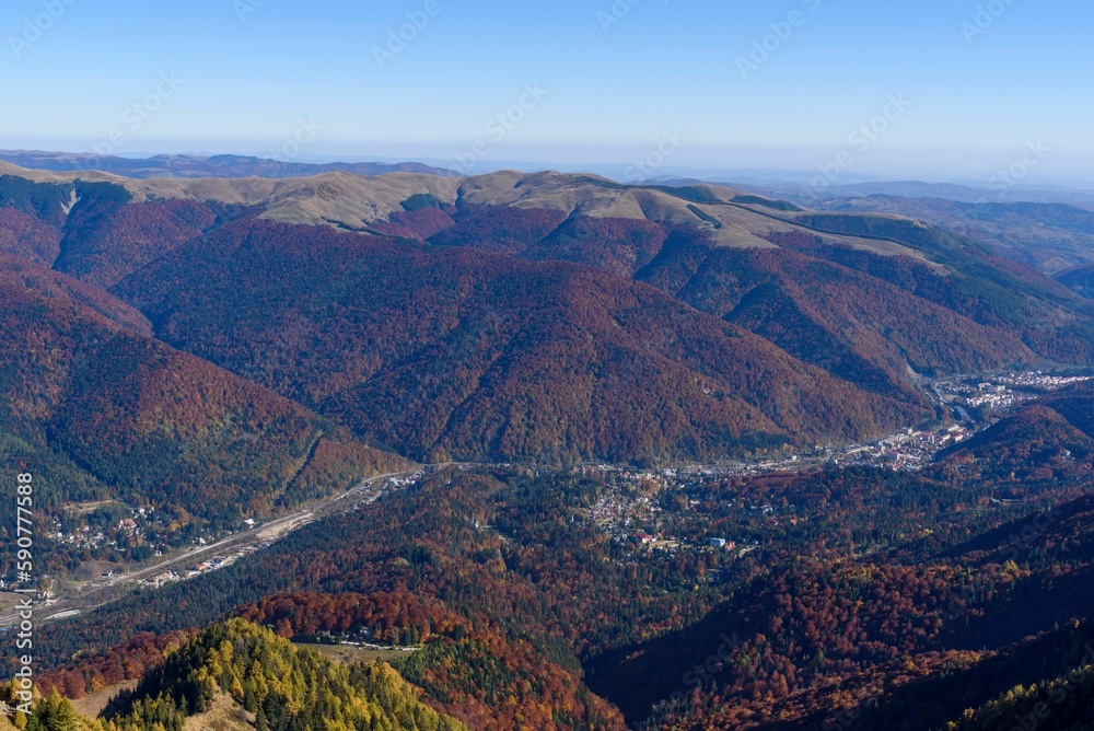 Beautiful landscape with forested mountains under a clear sky