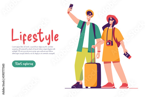 Vector illustration of a couple of tourists travelers with backpacks and suitcase taking selfie