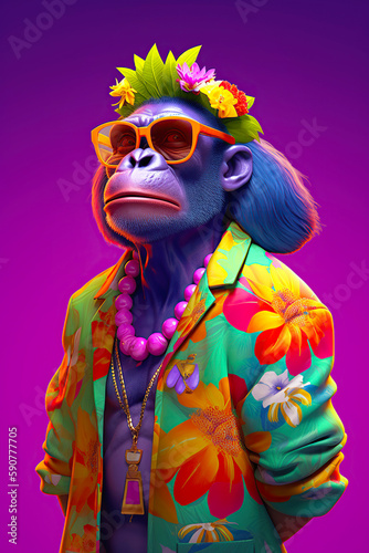 Cool monkey dressed in Hawaiian clothes and sunglasses, nft style, Created with generative AI