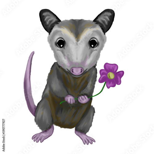 Cute opossum with flower